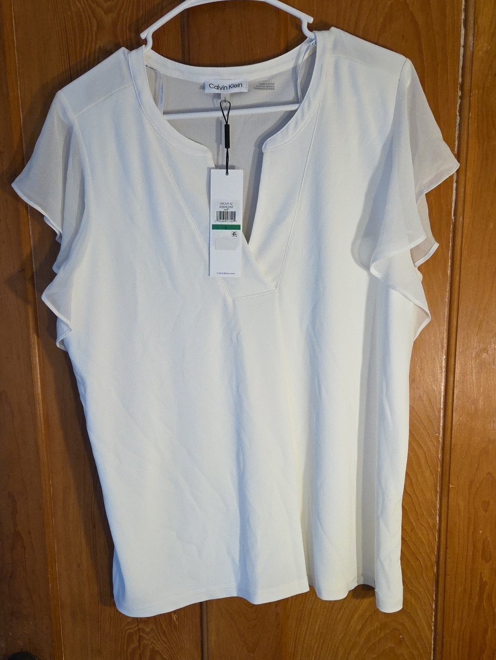 Calvin Klein White Short Sleeve Split Neck Ruffle Detail Top